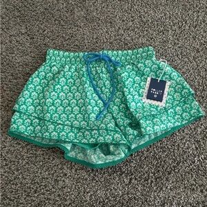 Roller Rabbit Green and White Floral Ruffle Lounge Shorts with Blue Drawstring